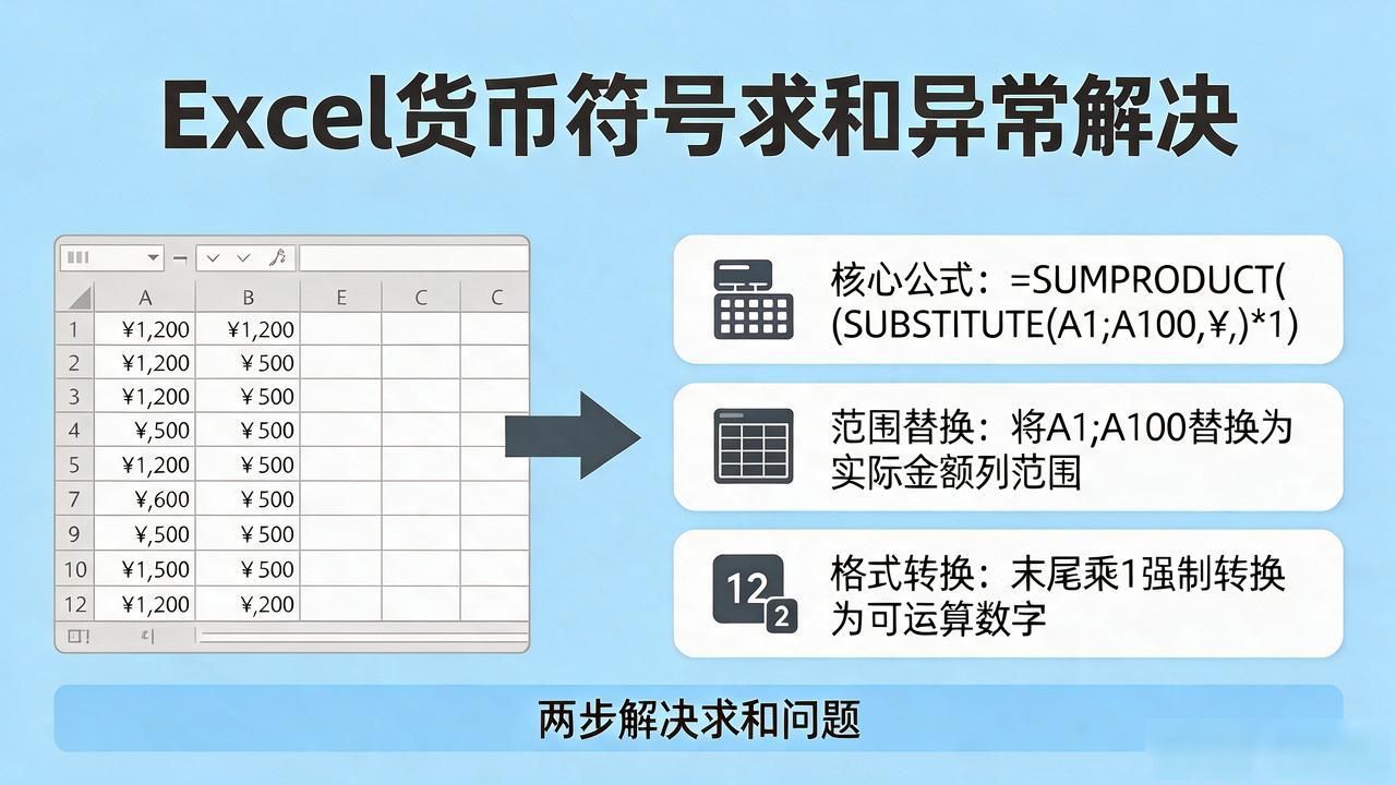 Excel带货币符号的数字SUM加不出？两步让求和正常